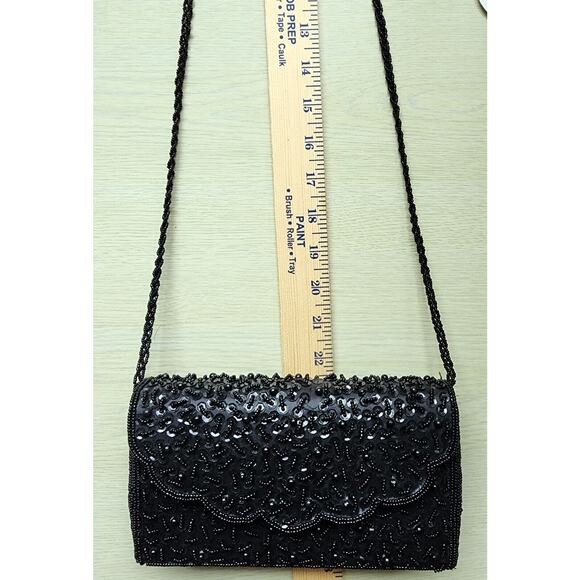 PURSE-HANDBAG-BIJOUX TERNER-Black-Beaded-Beaded Strap-Snap Closure-Clutch - Picture 13 of 15